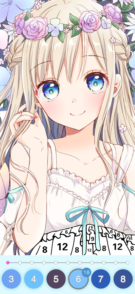 Anime Color - Paint by Number - Una chica anime con una corona de flores en una interfaz de aplicación de colorear pintura por número