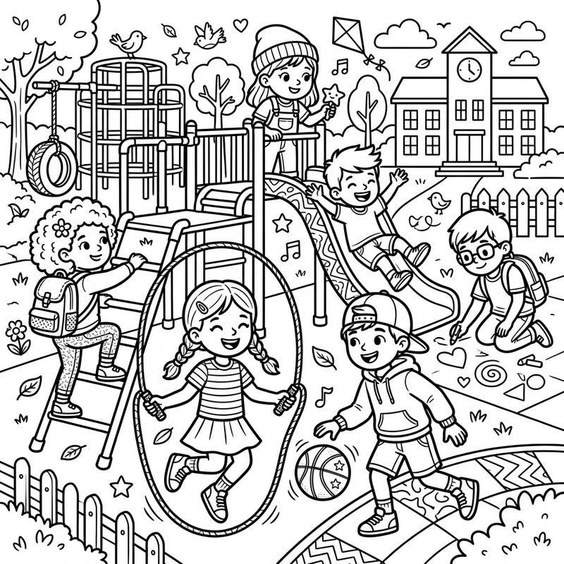 Capture the energetic spirit of childhood with this delightful coloring page featuring elementary school kids enjoying a bustling playground. Watch as they slide, jump, and play, inviting young artists to add a splash of color to their vibrant world.