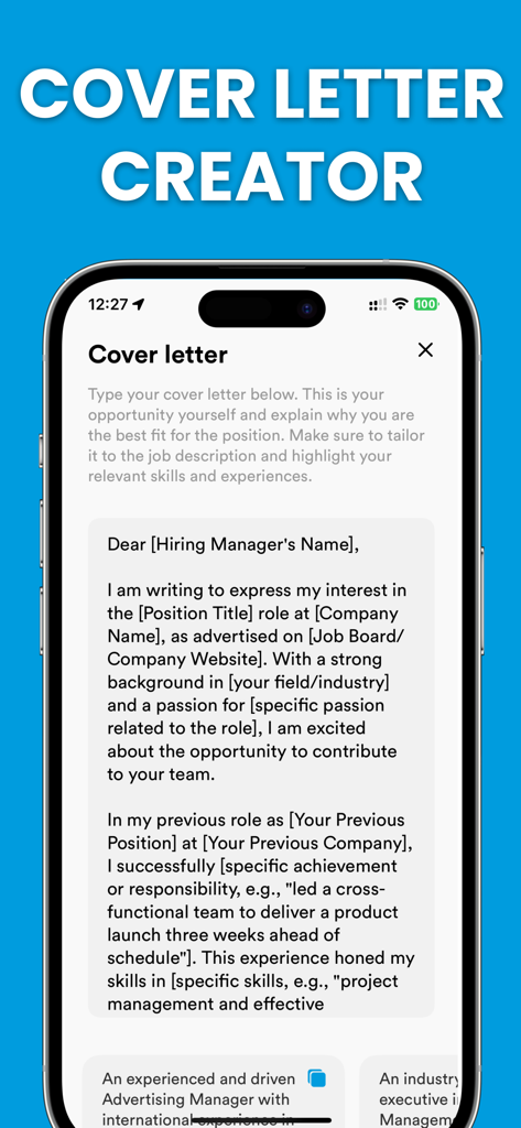 Resume Builder - Rezuma - Screenshot of the Rezuma app cover letter creator showing a customizable professional template on an iPhone.