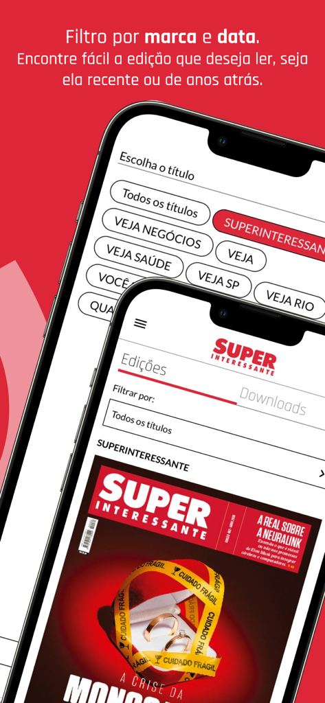 SUPERINTERESSANTE - Screen of the Superinteressante app showing filters for different magazine titles like Veja and Superinteressante