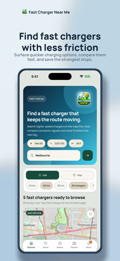 Interface of Fast Charger Near Me app showing EV charging station search and location filters on an iPhone.