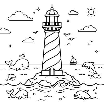Embark on a nautical coloring adventure with this charming offshore lighthouse scene, specially designed for kids. Little artists will love bringing to life the friendly sea creatures and the sturdy beacon guiding ships home.