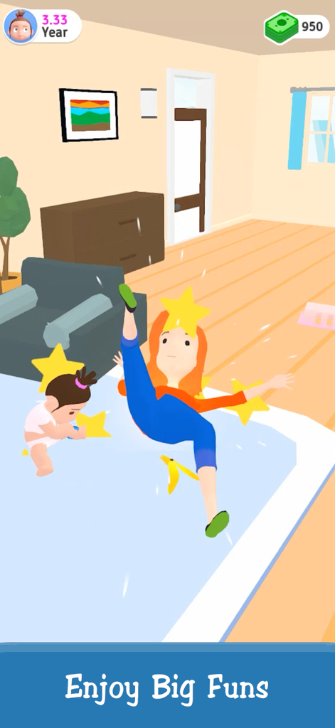 Um personagem de cabelo ruivo escorregando em uma casca de banana em uma sala de estar no jogo Simulador de História de Vida.