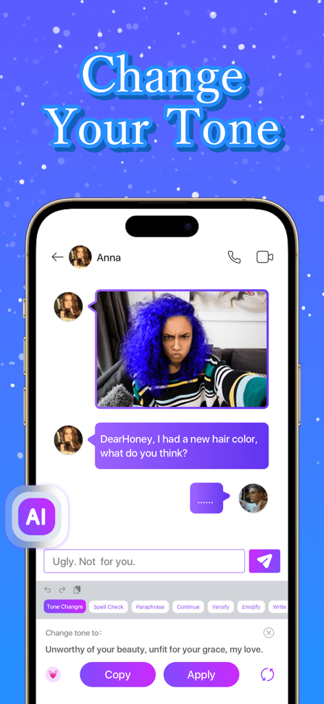 ViVi Keyboard: Theme & Chatbot - Función de IA de ViVi Keyboard cambiando un mensaje de chat directo a un tono poético y romántico.