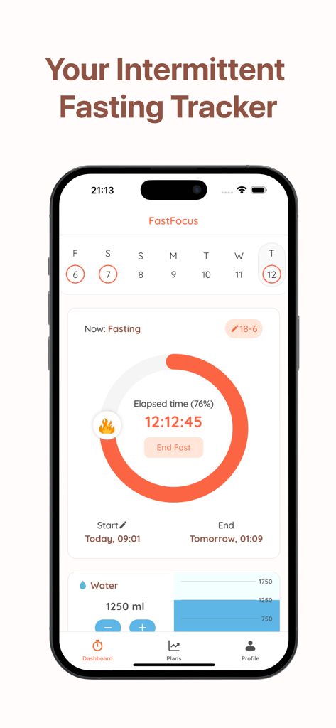Fasting Timer & Water Tracker - Dashboard dell'app FastFocus che mostra un timer circolare per il digiuno e un tracciamento giornaliero dell'acqua
