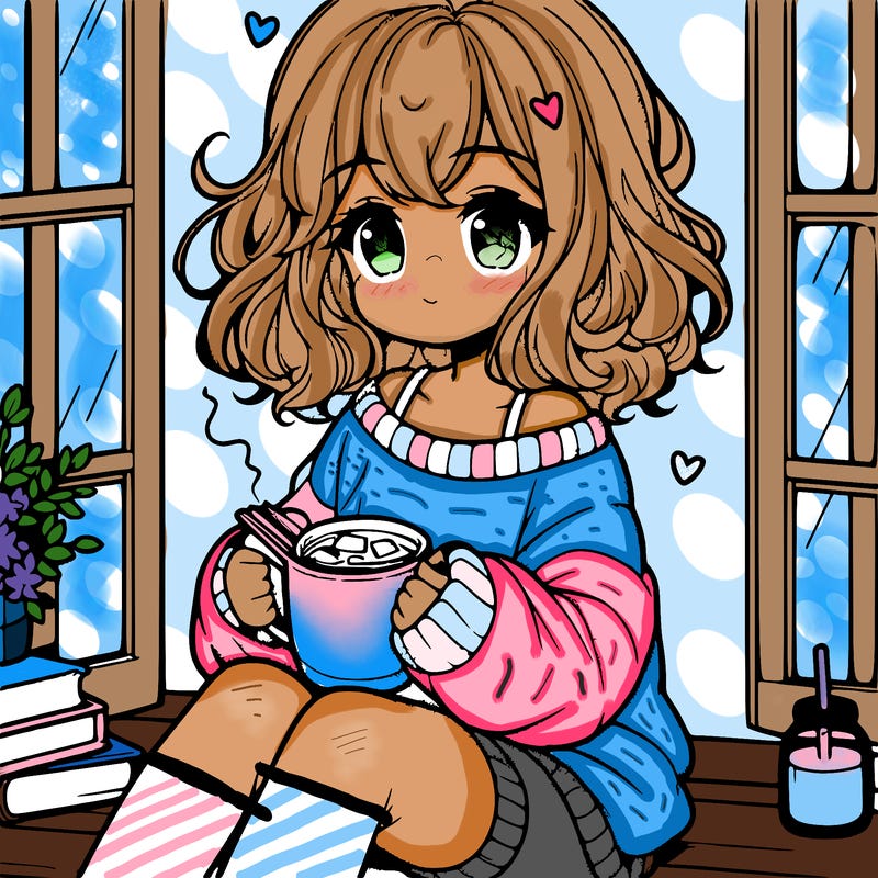 cute anime girl reading book and drinking hot chocolate from mug with loose wavy hair wearing a baggy sweatshirt and shorts sitting by windowsill looking out