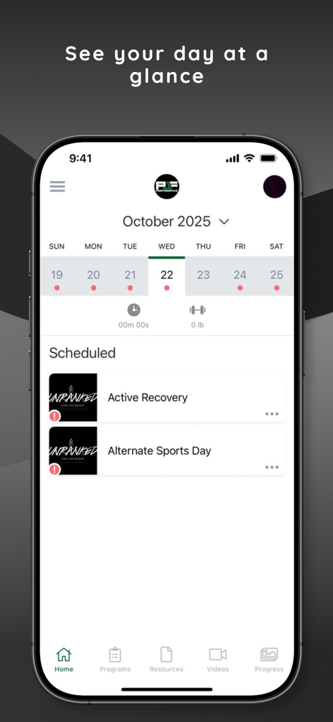 PJF Performance - PJF Performance app interface displaying a weekly training schedule with active recovery workouts