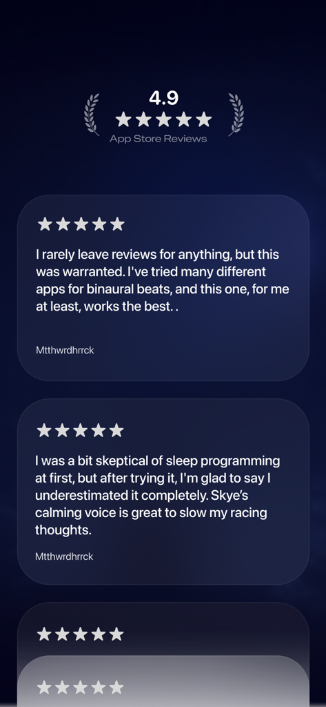 Skye - Rewire your Mind - Screenshot of positive user reviews and a four point nine star rating for the Skye manifestation app on the App Store.