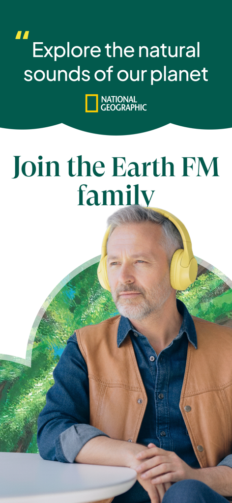 Nature Sounds : Earth FM - Un hombre con auriculares amarillos escuchando sonidos de la naturaleza de la aplicación Earth FM