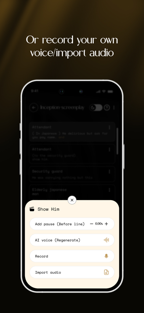 Acting pal: Learn lines - Smartphone screen displaying Acting Pal audio recording and import options for actor scripts