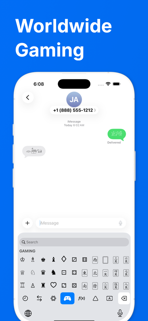 A mobile keyboard interface from the Uniboard app displaying gaming symbols like chess pieces, dice, and mahjong tiles in a messaging app.