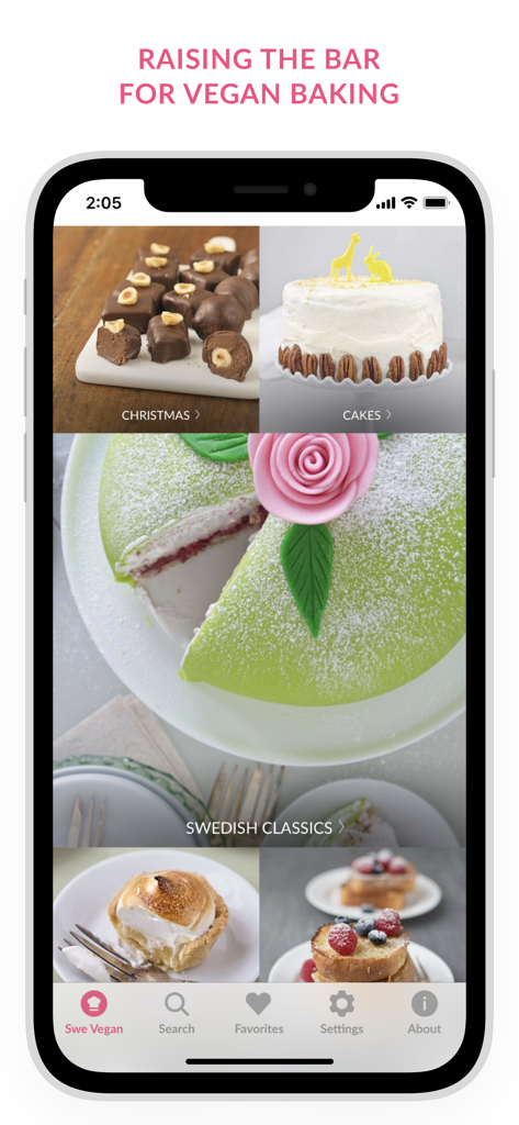 Swedish Vegan Dessert Recipes - Home screen of the Swedish Vegan Dessert Recipes app showing dessert categories with mouthwatering photos