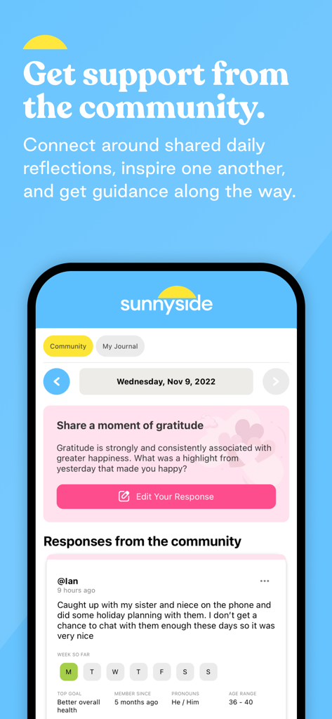 Interface of Sunnyside app showing community support and daily gratitude reflections.