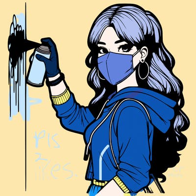 realistic girl with mask spray painting a wall