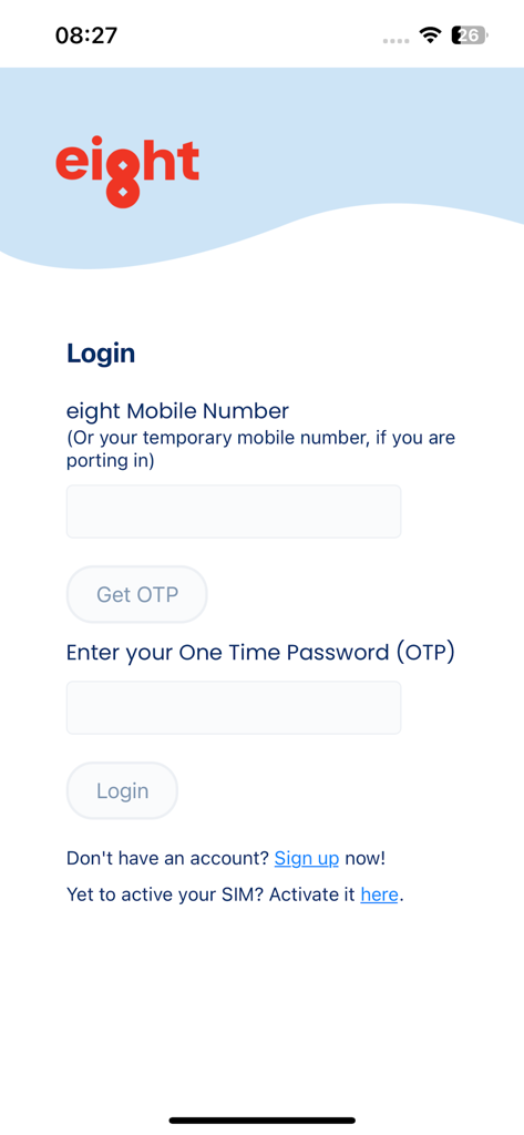 eight Telecom - Login screen of the eight Telecom app showing mobile number and one time password entry fields