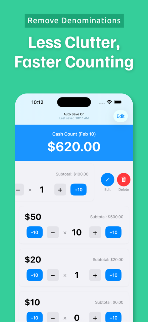 App screen showing how to remove specific denominations for faster and more efficient cash counting