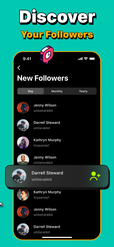 Followers+ & Reports Tracker - Interface of Followers+ app showing a list of new Instagram followers with profile pictures and names
