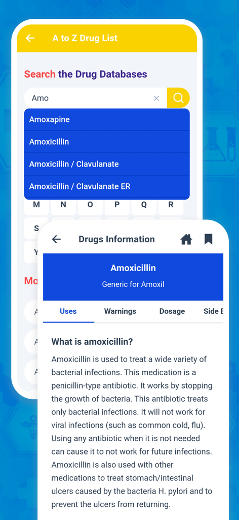 PillBox - Pill Identifier App - The PillBox app showing a drug search for Amoxicillin and its detailed medication information