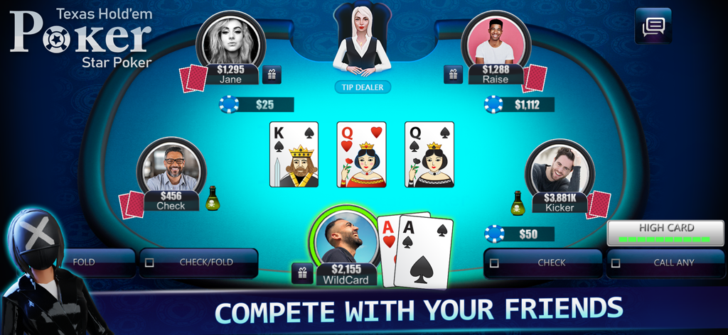 Poker Face: Texas Holdem Poker - A virtual Texas Holdem poker table showing multiple player avatars and the text Compete With Your Friends