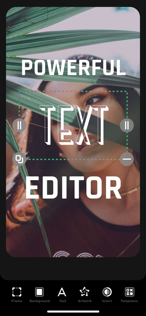 Capture d'écran de l'application Font Candy montrant une photo avec une superposition de texte stylisée qui dit Éditeur de texte puissant.