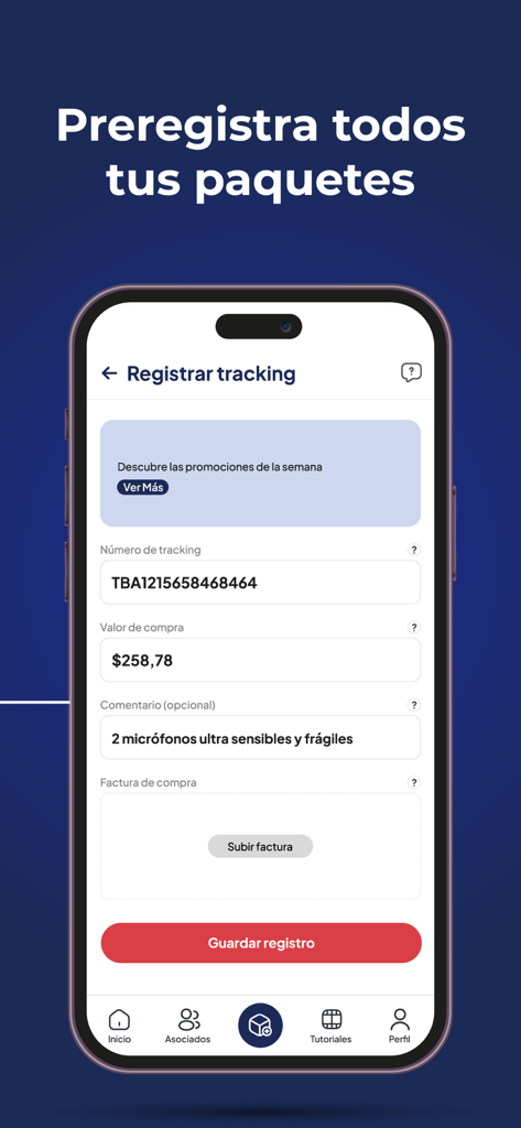 RioCargo Express - A smartphone showing the RioCargo Express app interface for pre-registering a package with fields for tracking number, purchase value, and invoice upload.