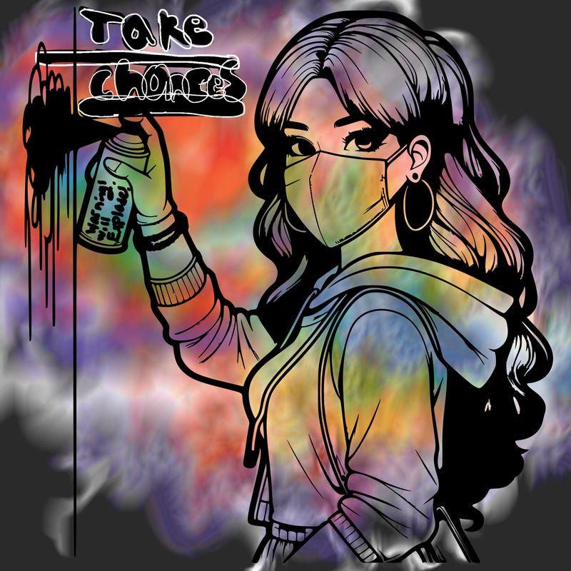 realistic girl with mask spray painting a wall