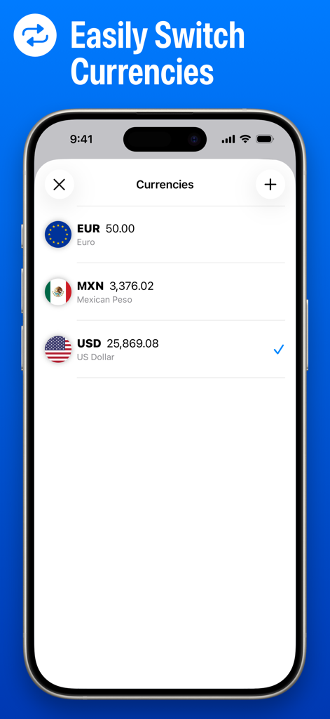 Interface of Numi app showing a list of multiple currencies including Euro Mexican Peso and US Dollar for tracking international finances