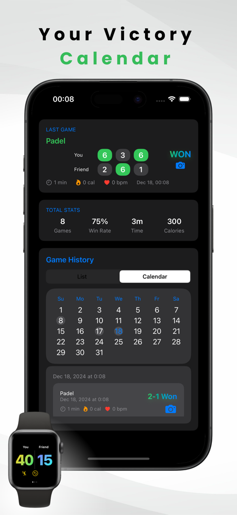 T-Score Tracker: Tennis - T-Score Tracker app showing match history and performance statistics on iPhone and Apple Watch