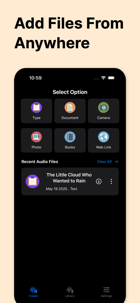 Read Aloud: AI Text to Speech - Oberfläche der Vorlesen-App, die Optionen für den Dateimport wie Dokumente, Kamera und Weblinks für Text-zu-Sprache anzeigt.