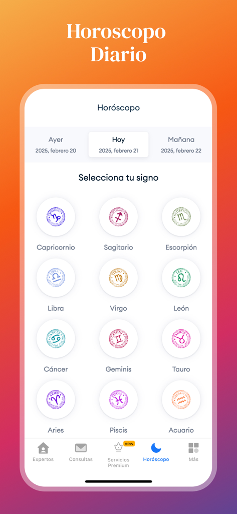 Daily horoscope screen in the Mi Vidente app with icons for all twelve zodiac signs