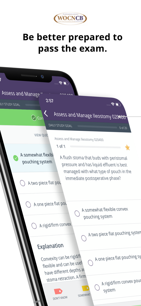 COCN® Ostomy Care Exam Prep - Captures d'écran de l'application COCN Ostomy Care Exam Prep montrant des questions pratiques à choix multiples et des explications détaillées