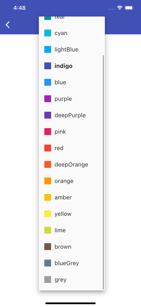 Chatis! - Un menu déroulant vertical affichant une variété de choix de couleurs avec des étiquettes pour la personnalisation du profil utilisateur ou du thème