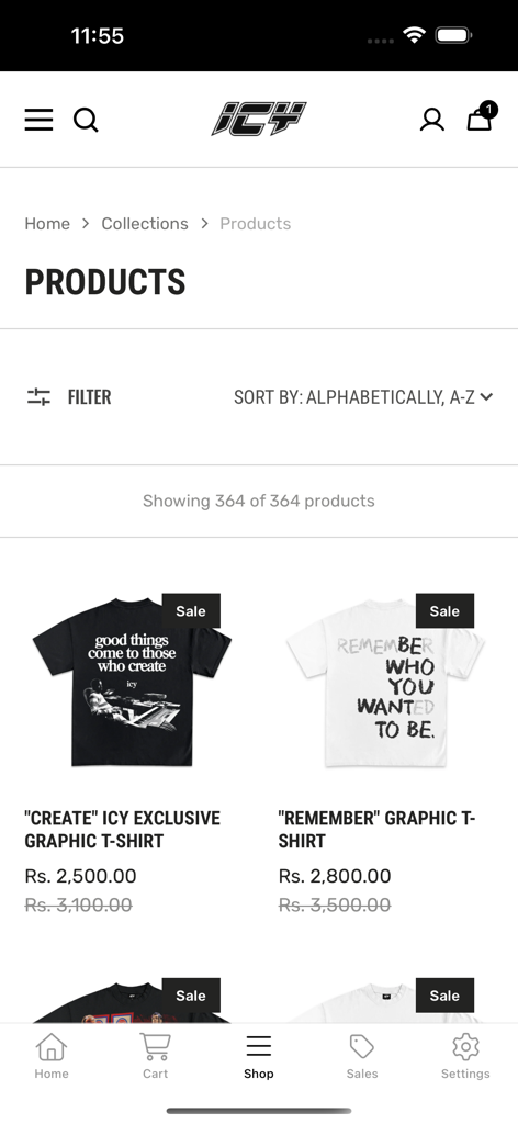 Wear Icy app product screen featuring graphic t-shirts