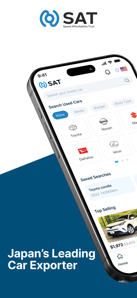 Pantalla de la aplicación Sat Japan que muestra la búsqueda de coches usados por marca y listados de los vehículos japoneses más vendidos.
