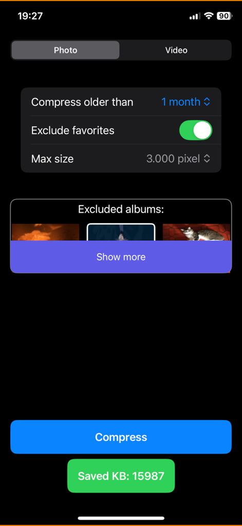Photo Squash - Oberfläche der Photo Squash-App mit Optionen zur Fotokomprimierung und der gespeicherten Speicherplatzmenge.