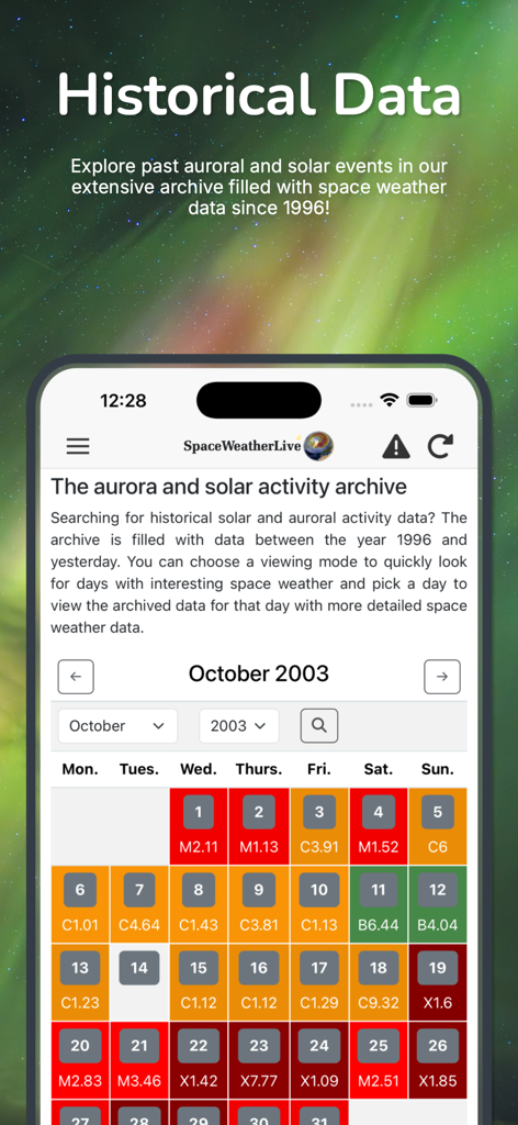 SpaceWeatherLive app screenshot showing a calendar view of historical solar flare and aurora data from October 2003