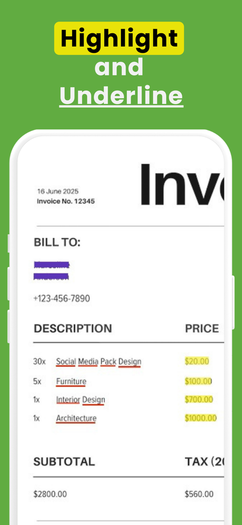 Censor Blur Pixelate Photos - Mobile app interface showing highlight and underline tools applied to an invoice document