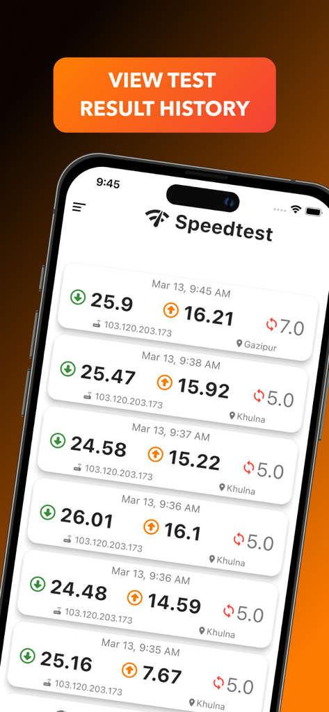 Fast Internet Speed Test Now - A smartphone showing a list of past internet speed test results with download, upload, and ping metrics.
