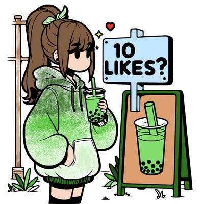 girl with oversized hoodie drinking boba and she has a high ponytail with a sign that says 10likes?