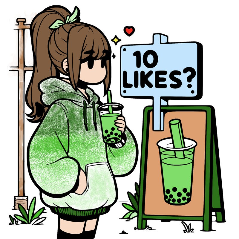 girl with oversized hoodie drinking boba and she has a high ponytail with a sign that says 10likes?