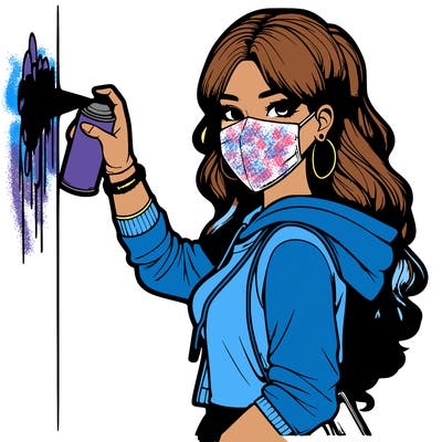 realistic girl with mask spray painting a wall