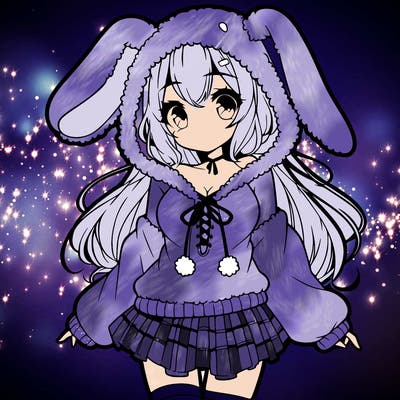 pretty anime girl wearing a fluffy hoodie with bunny ears on the hood and a skirt