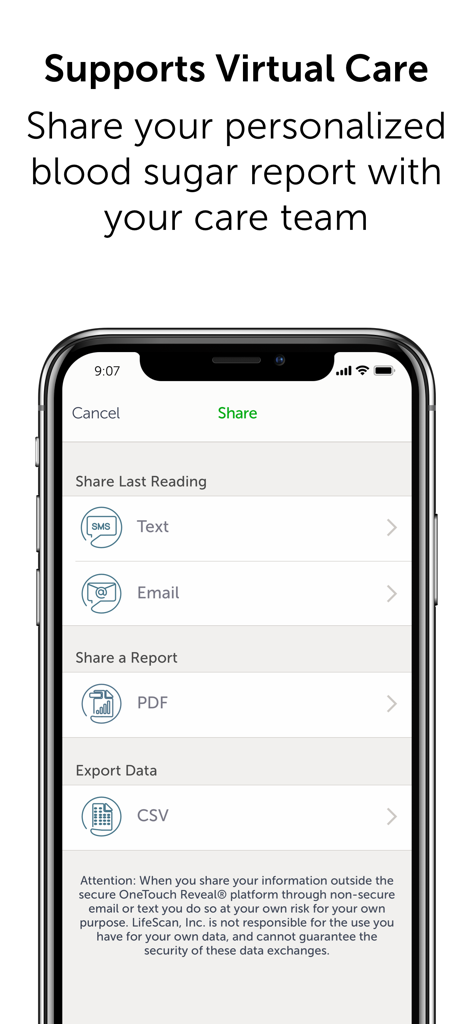 Sharing screen in the OneTouch Reveal app showing options to export blood sugar data via text, email, PDF, or CSV for virtual care.