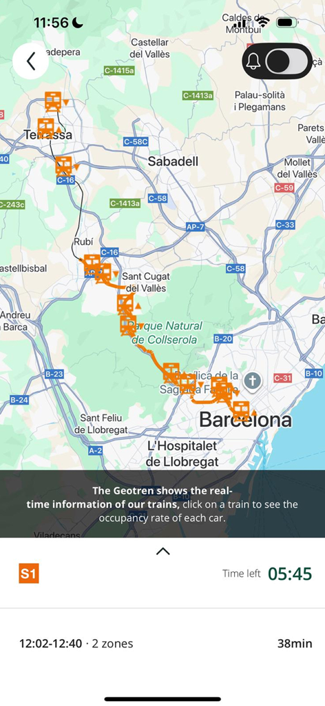 Interfaz de la app de FGC que muestra un mapa en tiempo real con la ubicación de los trenes y los horarios de llegada de la línea S1 en Barcelona