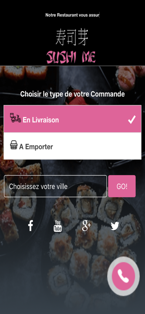Interfaccia dell'app Sushi Me che mostra le opzioni di selezione consegna e asporto