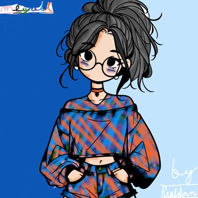 girl with a messy ponytail glasses a baggy crop top and jean shorts