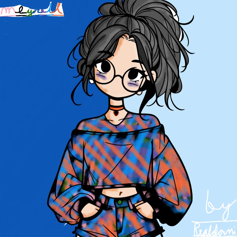 girl with a messy ponytail glasses a baggy crop top and jean shorts