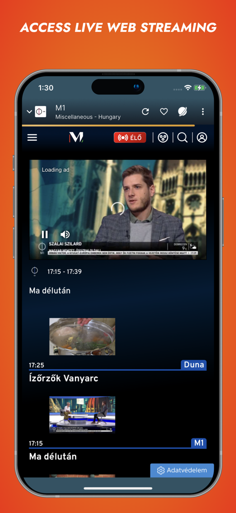 Interfaccia del lettore IPTV Orbitv che mostra streaming web in diretta su un iPhone