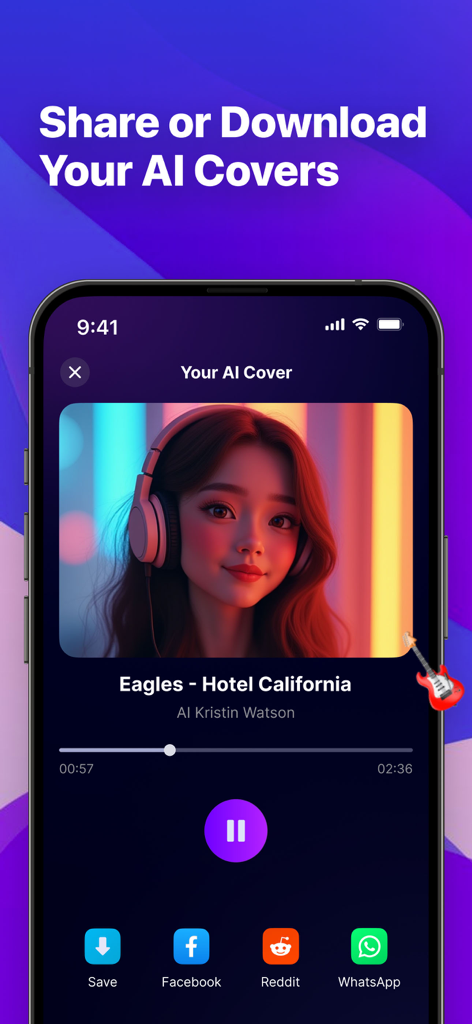 MusiCover-AI Song Cover&Clone - Mobile app screen showing an AI generated song cover for Hotel California with options to save and share to social media