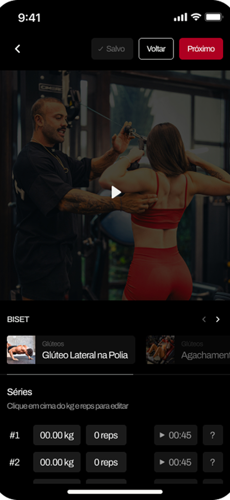 Luiz Salles - Luiz Salles fitness app workout tracking screen with video tutorial and exercise logs